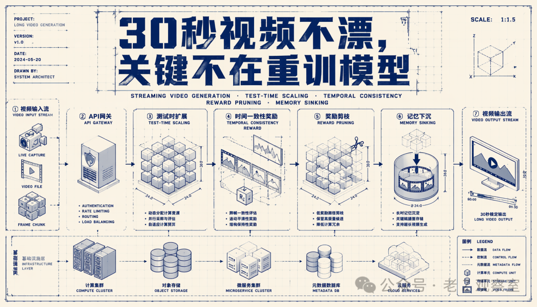 30秒视频生成技术流程,展示从输入流到稳定输出的七阶段流水线,以及底层基础设施层
