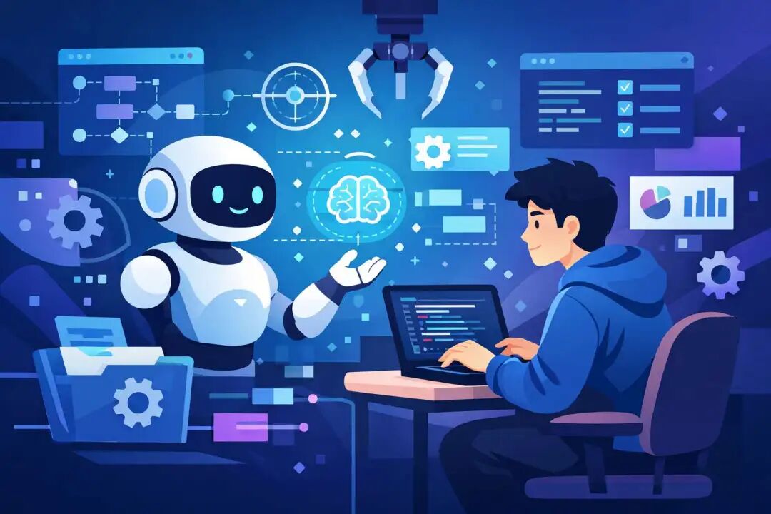 AI Agent与程序员协作概念插画