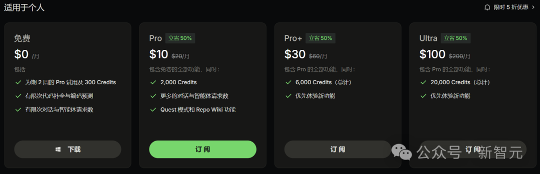 四张订阅计划卡片并排展示，从左到右分别为免费、Pro、Pro+和Ultra版本