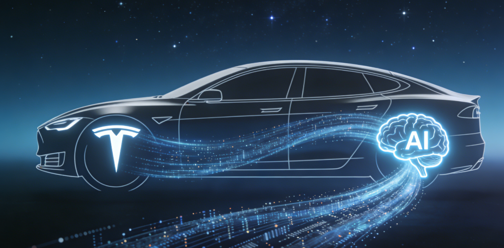 象征AI与汽车融合的线框特斯拉图像