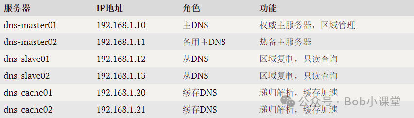 六台DNS服务器角色与功能对照表:含主DNS、备用主DNS、从DNS与缓存DNS
