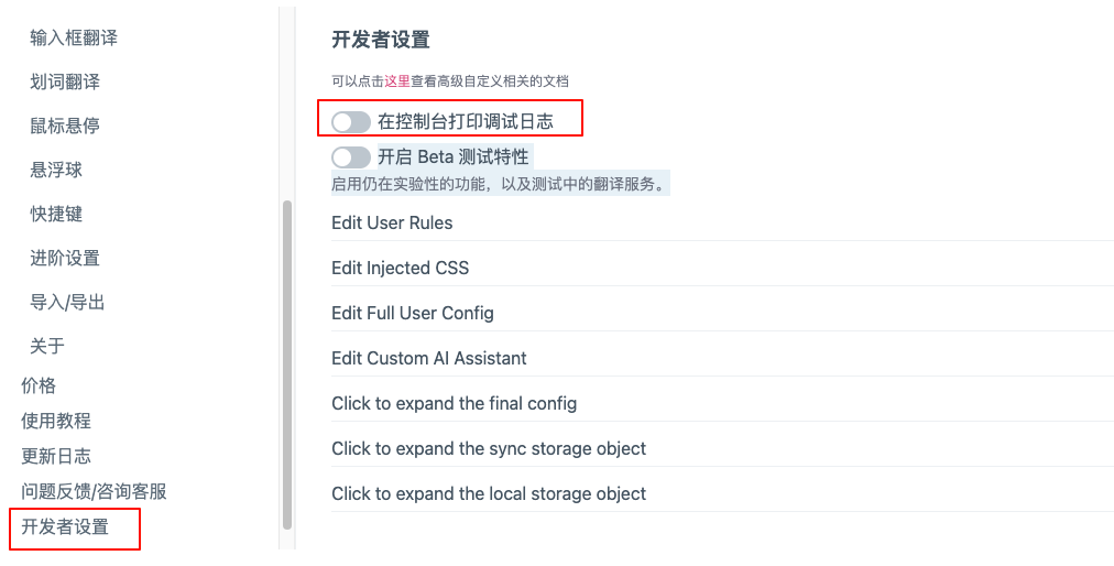 沉浸式翻译开发者设置选项