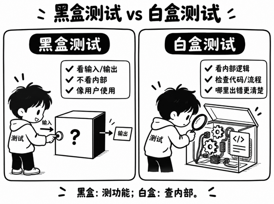 黑盒测试与白盒测试对比示意图