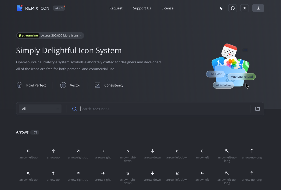 Remix Icon图标库展示页面截图