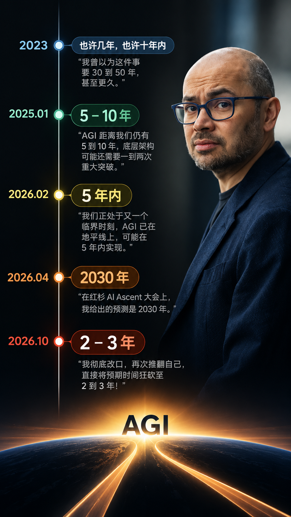 哈萨比斯 AGI 预测时间线变化:2023 年至 2026 年