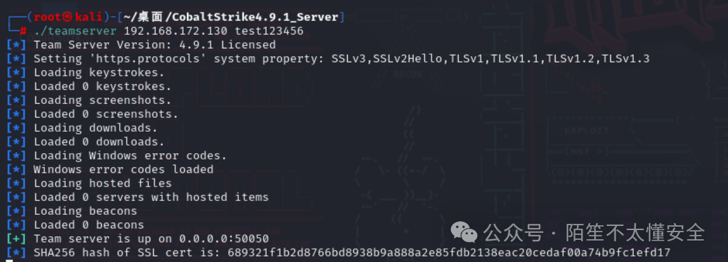 Cobalt Strike Team Server启动日志：版本4.9.1，SSL证书SHA256哈希已显示
