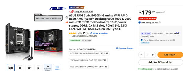 新蛋平台华硕ROG STRIX B650E-I商品页，显示售价为179.99美元