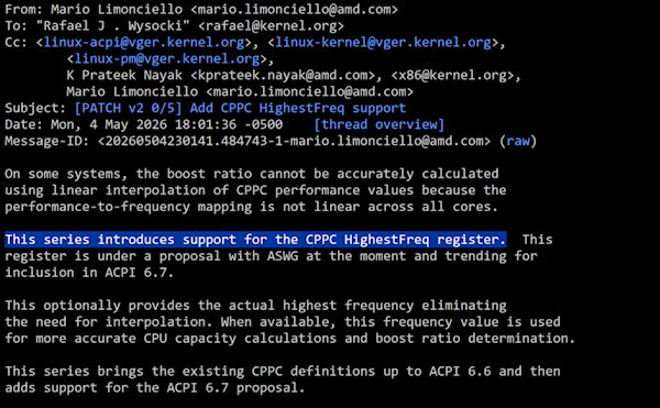 Linux内核补丁邮件截图 显示AMD工程师提交关于CPCC HighestFreq寄存器支持的补丁 提及ACPI 6.7提案
