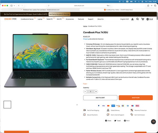 驰为官网CoreBook Plus 7430U产品页面