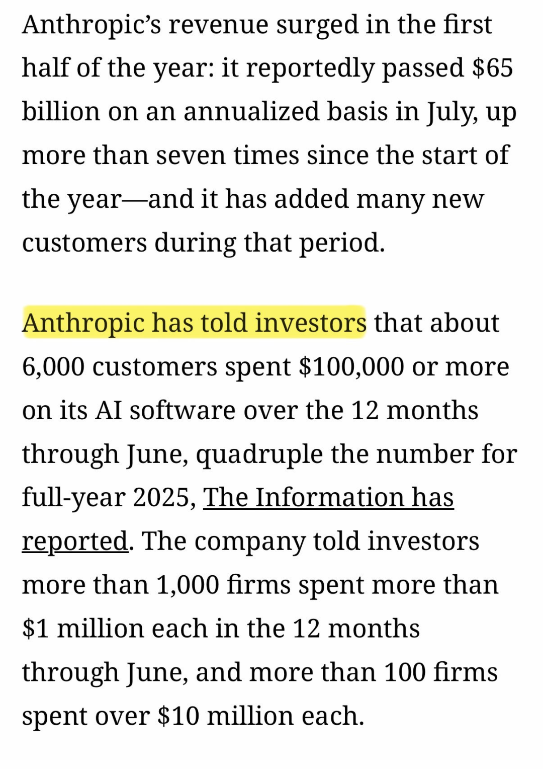 Anthropic 收入增长与客户支出数据截图