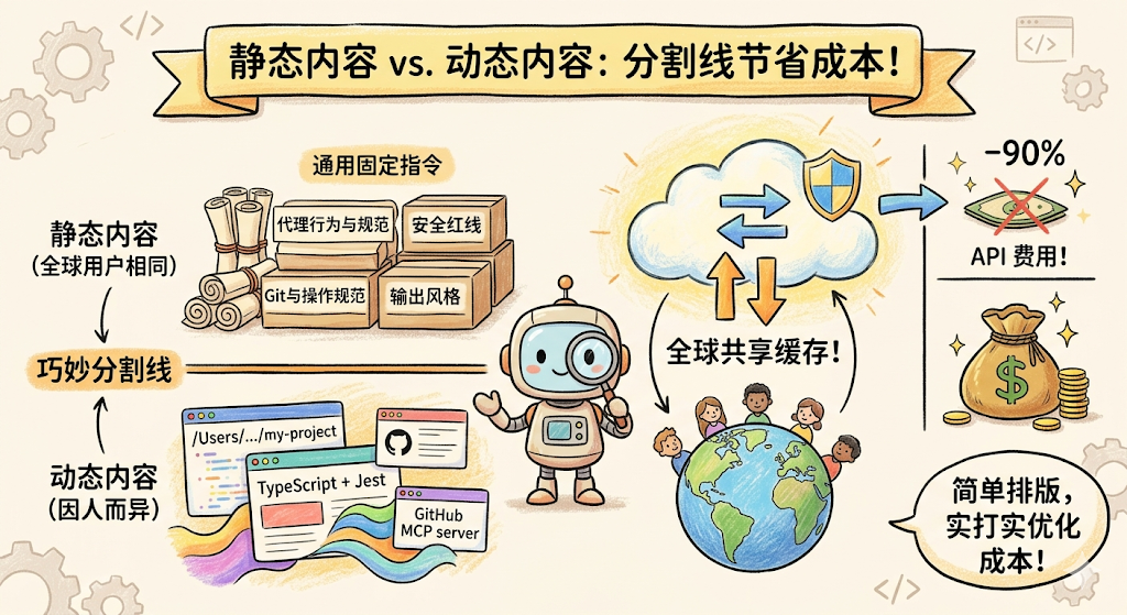 一张关于静态内容与动态内容对比的插画式信息图,顶部横幅标题为‘静态内容 vs. 动态内容:分割线节省成本!’。左侧展示‘静态内容(全球用户相同)’,配以卷轴、纸箱等图标,标注‘通用固定指令’‘代理行为与规范’‘安全红线’‘Git与操作规范’‘输出风格’;中间有机器人形象手持放大镜,下方标有‘巧妙分割线’,连接至‘动态内容(因人而异)’区域,含文件路径‘/Users/.../my-project’、TypeScript + Jest、GitHub MCP server等技术元素;右侧中央为云朵与地球组合图示,云朵内有双向箭头和盾牌,标注‘全球共享缓存!’;右上角显示‘-90% API 费用!’配以被划掉的美元符号;右下角钱袋与金币图案旁有对话框文字‘简单排版,实打实优化成本!’;整体风格为手绘卡通,色彩明亮,布局清晰呈现内容分层与成本节约逻辑。