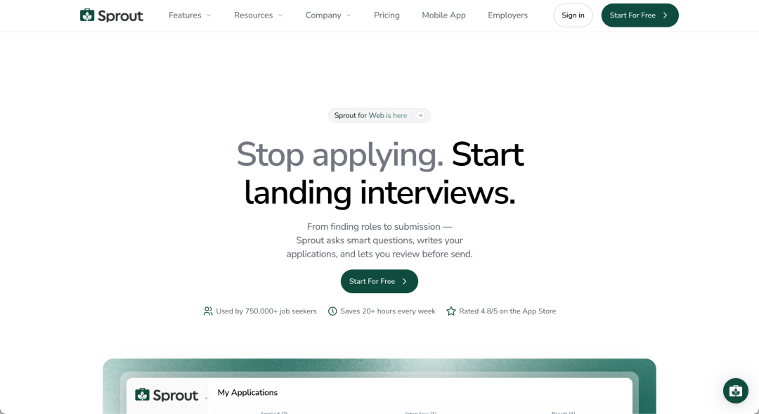 Sprout网站首页及功能宣传界面