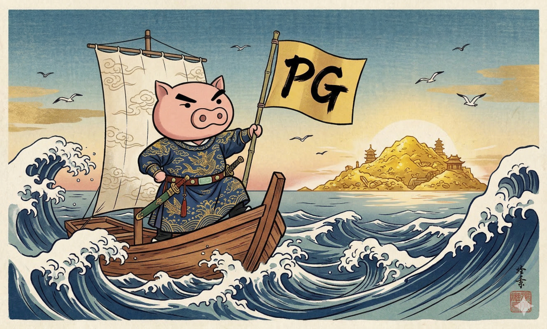 一幅日式浮世绘风格插画：一只拟人化的猪手持PG旗帜，乘风破浪