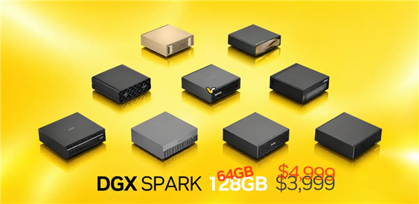 DGX Spark 64GB与128GB版本价格对比图，显示64GB售价4999美元，128GB售价3999美元