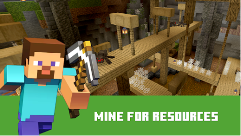 Minecraft史蒂夫手持石镐的宣传画面,配有MINE FOR RESOURCES标语