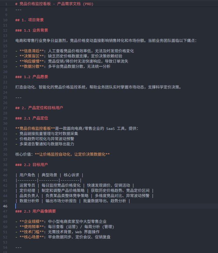 深色背景的文档截图，显示一份关于‘竞品价格监控看板 - 产品需求文档（PRO）’的结构化文本内容，包含标题、项目背景、产品愿景、产品定位与目标用户等章节，文字为白色和红色，采用Markdown格式排版，有编号列表、加粗强调及分隔线。