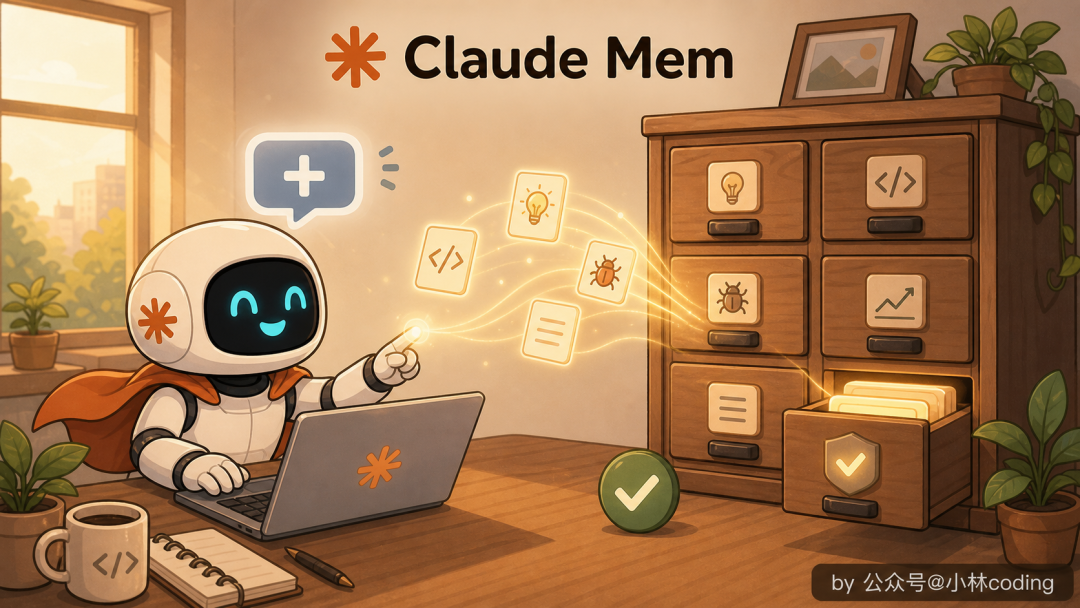 Claude Mem Skill 插画：机器人将知识经验存入文件柜抽屉作为长期记忆