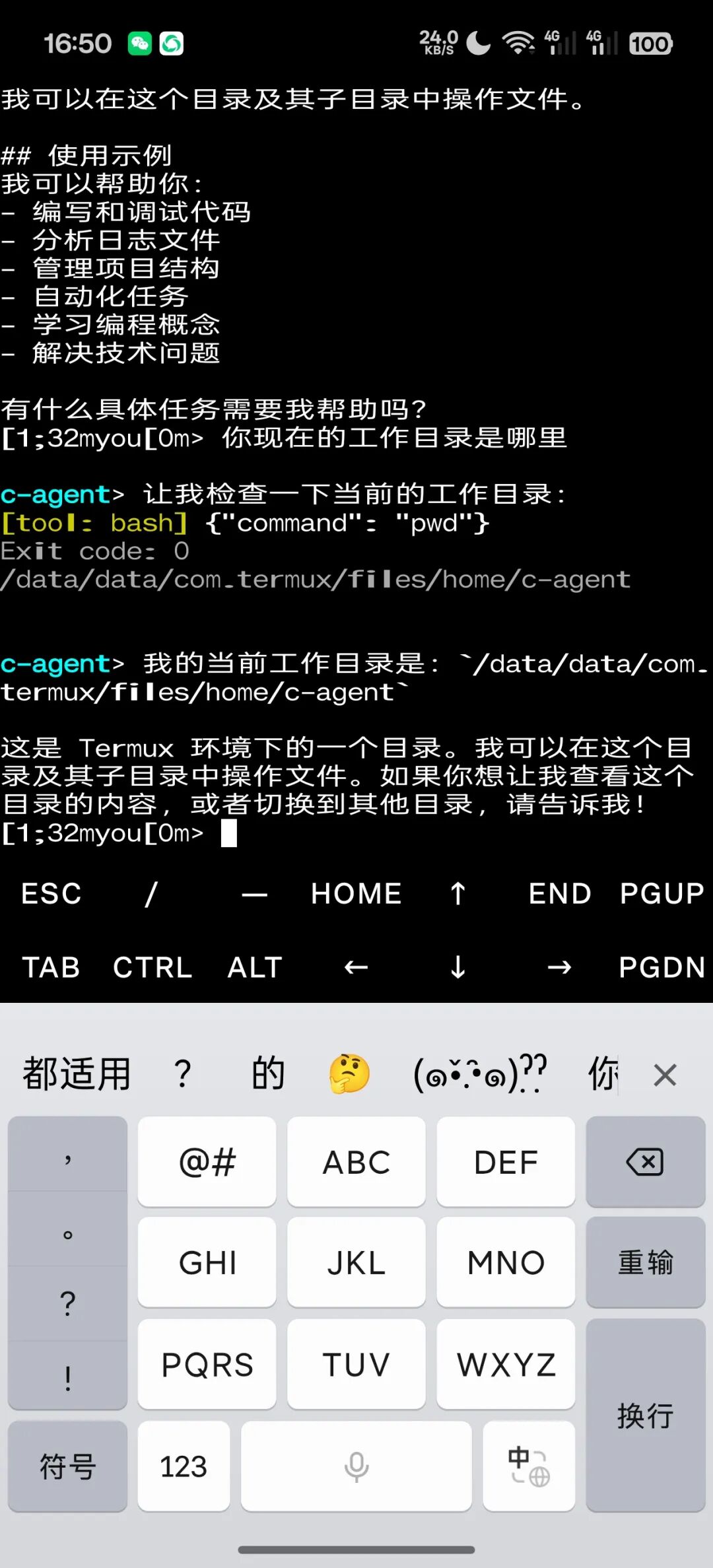 c-agent在Termux中执行pwd命令，返回工作目录路径