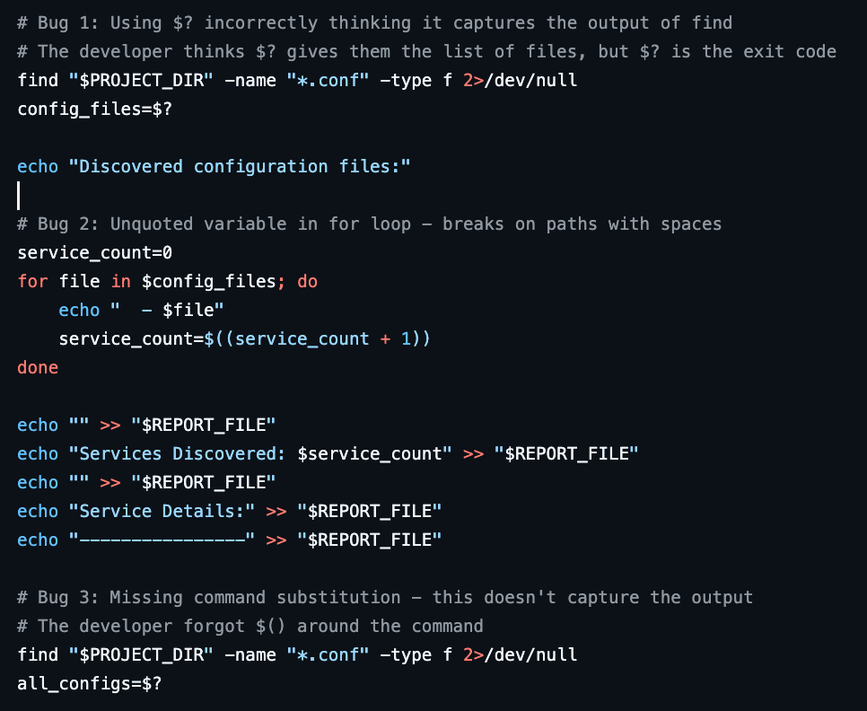 包含明确bug说明的Shell脚本代码截图