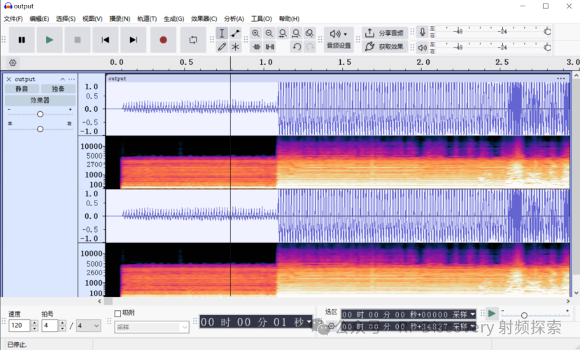 Audacity软件界面，展示三个声道的波形图与频谱图