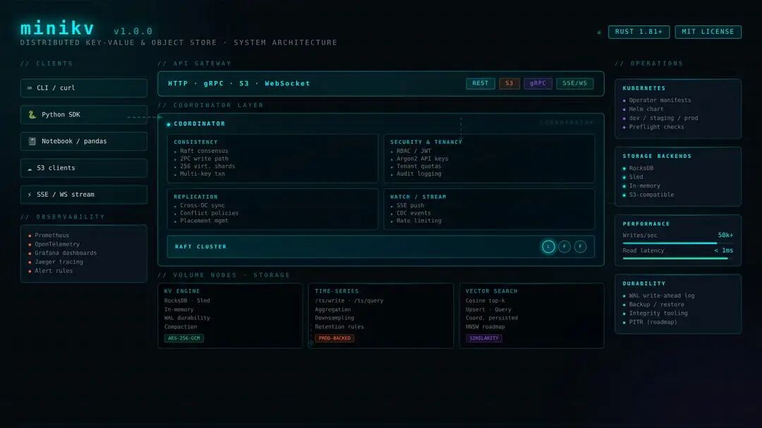 minikv v1.0.0 分布式键值与对象存储系统架构图