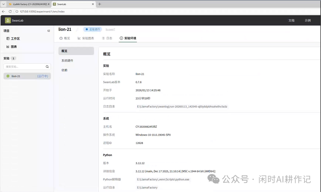 SwanLab 实验详情页的系统信息与配置概览