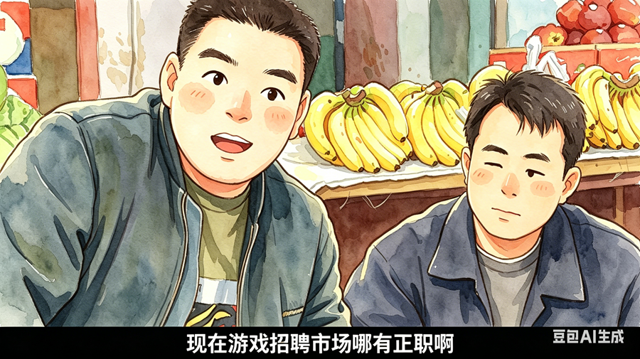两位游戏从业者坐在水果摊前无奈交谈