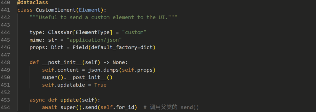 代码编辑器截图，显示 CustomElement 类的 update 方法实现。