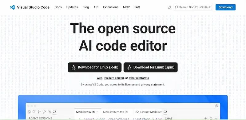 VS Code官网“开源 AI 代码编辑器”定位截图