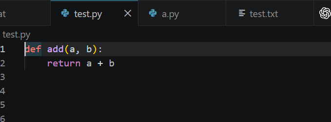 VSCode 传统药丸标签页界面,展示 test.py 文件中定义的 add 函数