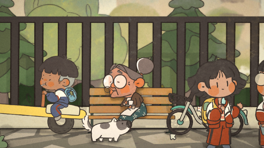 游戏角色在公园长椅旁休息的场景