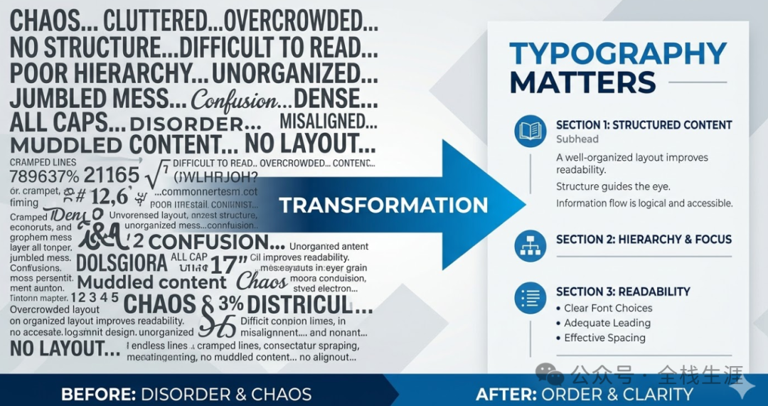排版设计从混乱到清晰的信息对比图