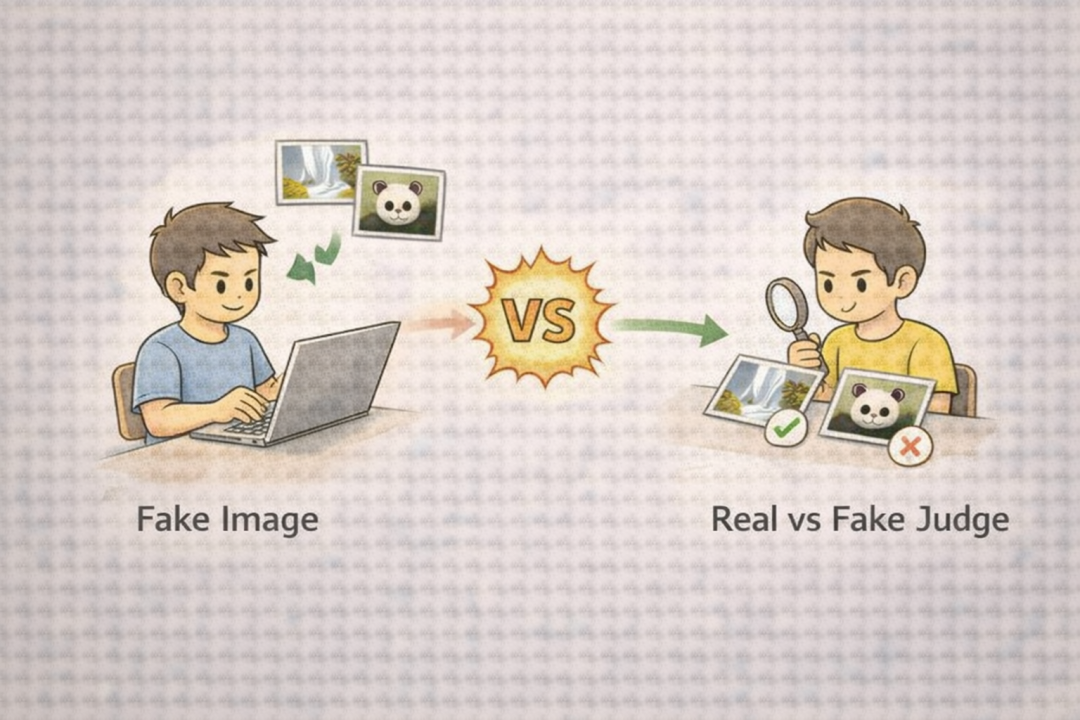 GAN对抗过程示意图：假图像生成 vs. 真假图像判别