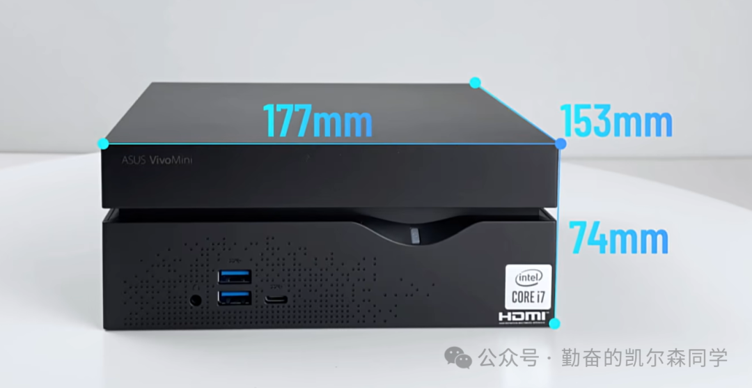 华硕 VC66-C2 迷你主机外观，黑色长方体设计，尺寸标注为177x153x74mm