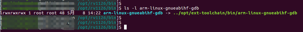 终端命令ls -l显示arm-linux-gnueabihf-gdb是符号链接指向ext-toolchain
