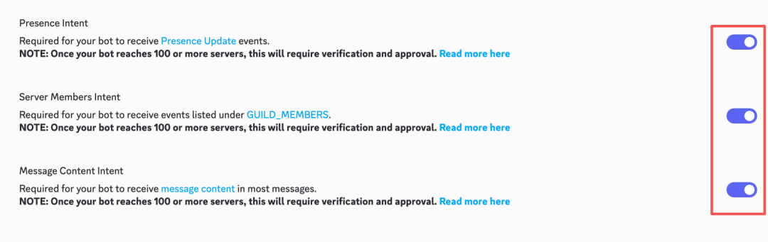 开启三个Privileged Gateway Intents的开关