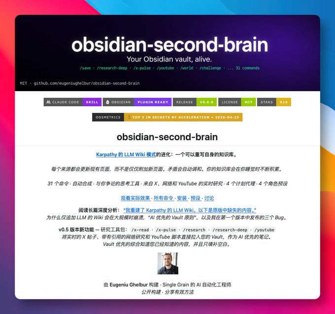 obsidian-second-brain 项目主页,标语 'Your Obsidian vault, alive.',展示 31 条命令及标签
