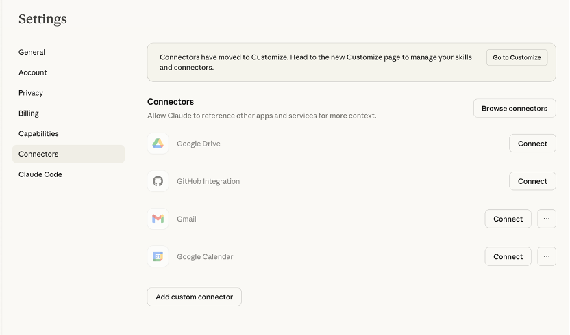 Connectors设置页面截图