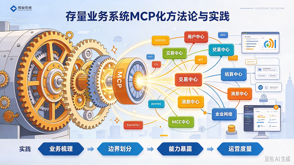 存量业务系统MCP化架构图:MCP统一接入层连接各业务中心