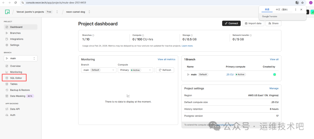 Neon数据库项目仪表盘和SQL编辑器入口