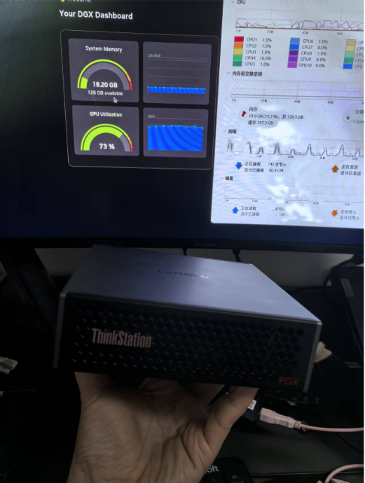 ThinkStation PGX运行DGX仪表盘界面,显示系统内存18.20 GB / 128 GB可用、GPU利用率73%等实时监控数据