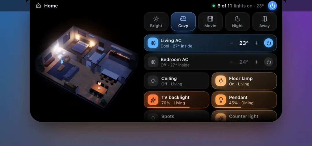 House Control 深色主题实时 3D 户型模型与场景控制界面