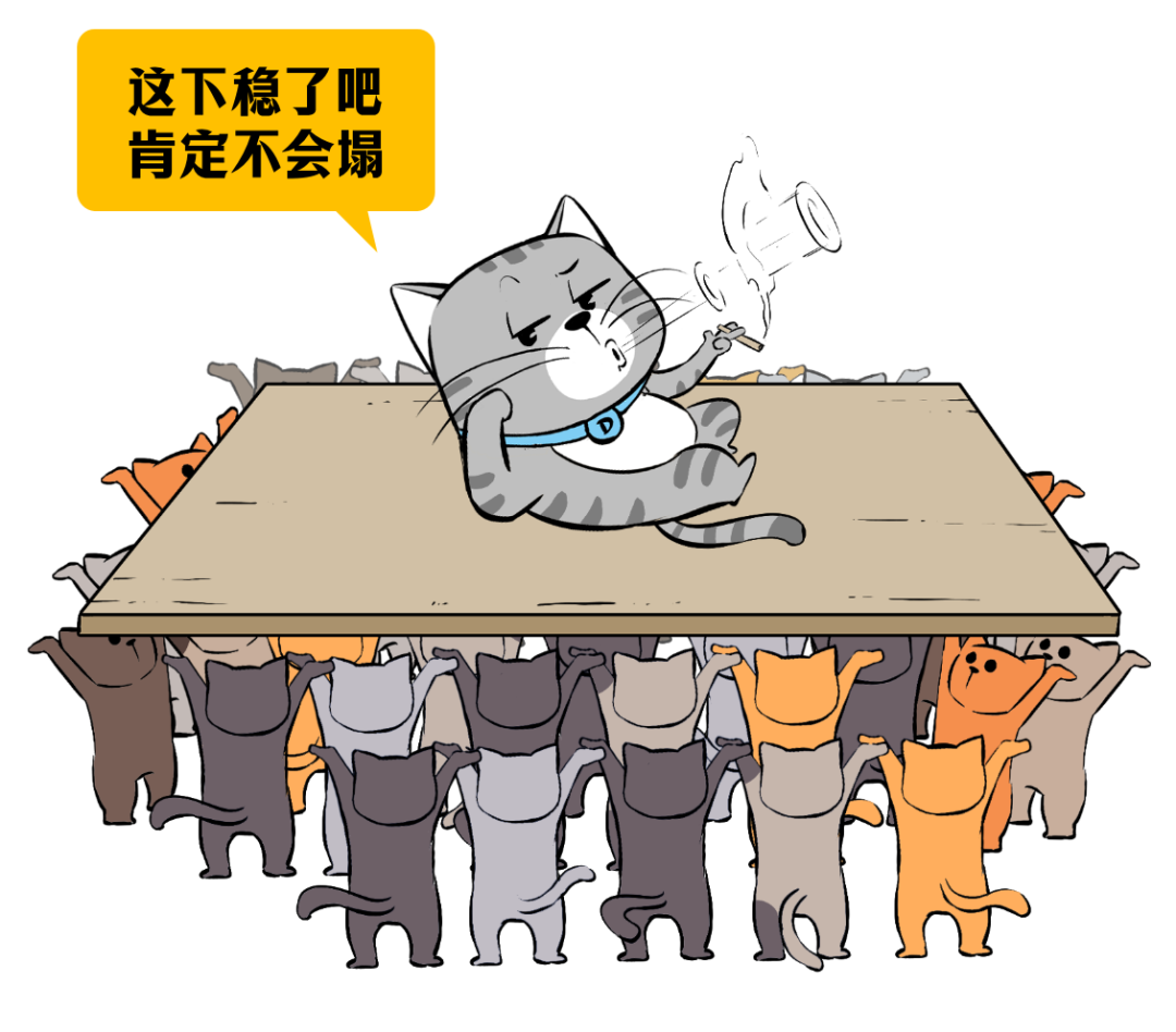 卡通漫画：一群猫托举桌子表示稳定