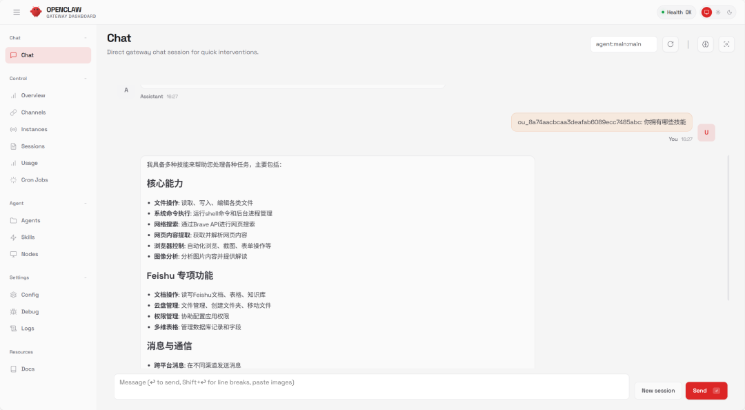 OpenClaw网关仪表盘聊天界面,展示AI助手技能列表
