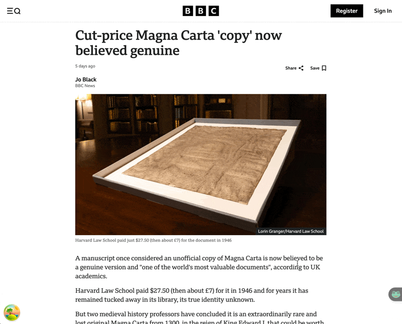 文章精读功能示例：分析一篇关于《大宪章》的新闻报道