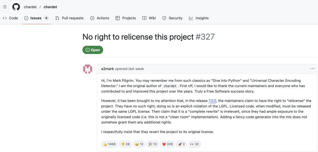 GitHub Issue截图，显示原作者Mark Pilgrim要求恢复LGPL许可证