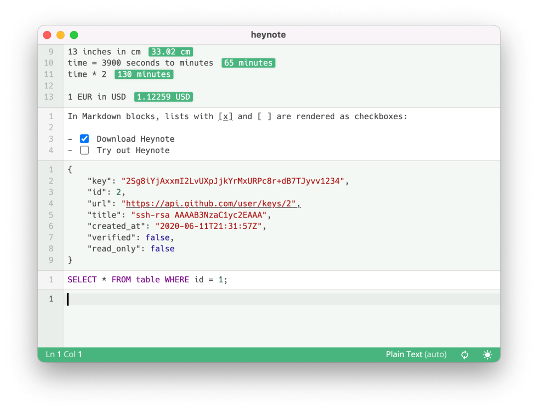 Heynote文本编辑器界面功能展示:数学计算、货币转换、Markdown复选框、JSON数据与SQL语句在同一缓冲区中并存