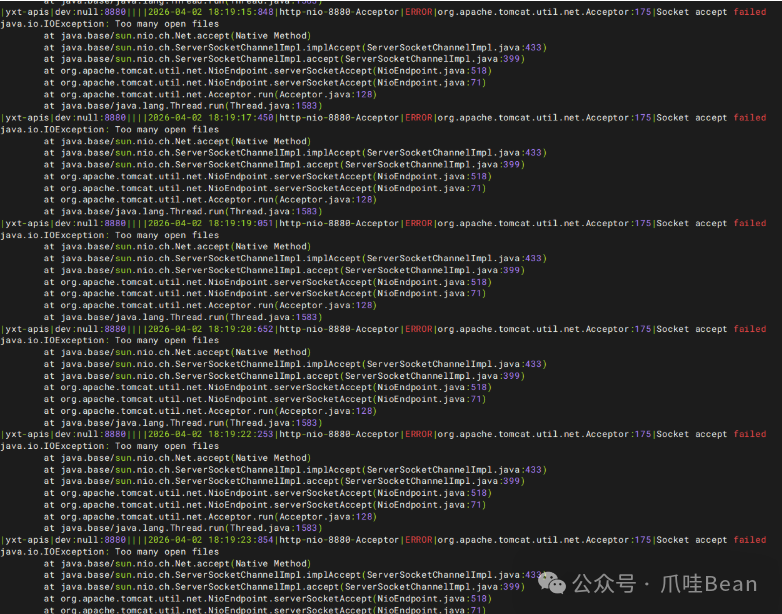 Tomcat 报错 Too many open files 日志截图
