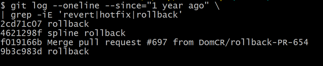 Git命令输出:包含回滚、热修复关键词的提交记录